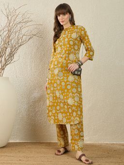 Indo Era - Women Mustard Floral Printed Straight Co-Ord Set