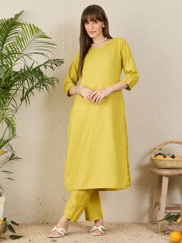 Indo Era - Women Olive Solid Embroidered Straight Kurta with Pant