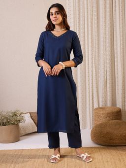 Indo Era - Women Navy Blue Solid Embroidered Straight Kurta with Pant