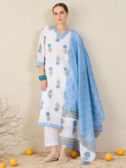 Indo Era - Women White Floral Printed Straight Kurta with Pant and Dupatta