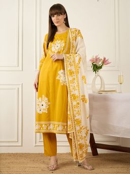 Indo Era - Women Mustard Floral Printed Straight Kurta with Pant and Dupatta