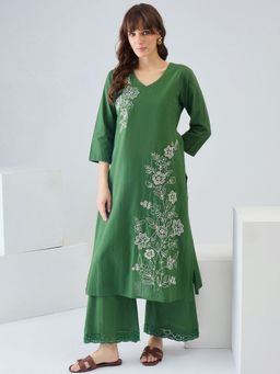 Indo Era - Women Green Floral Embroidered Straight Kurta with Palazzo