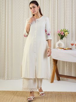 Indo Era - Women White Floral Embroidered A-Line Kurta with Palazzo