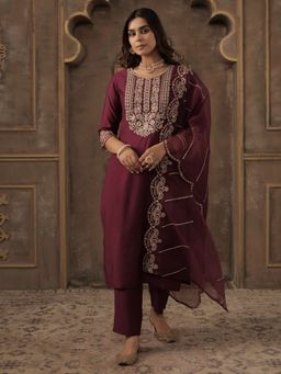 Indo Era - Women Burgundy Embroidered Kurta with Pant and Dupatta