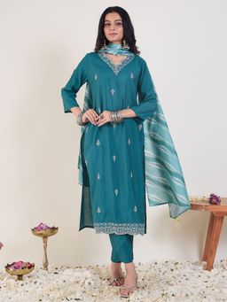 Indo Era - Women Teal Embroidered Straight Kurta with Pant and Dupatta