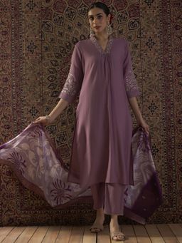 Indo Era - Women Mauve Embroidered Straight Kurta with Pant and Dupatta