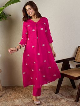 Indo Era - Women Pink Lotus Floral Embroidered A-Line Kurta with Pant