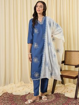 Indo Era - Women Blue Floral Embroidered Kurta with Pant and Dupatta