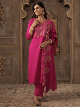Indo Era - Women Fuchsia Pink Embroidered Kurta with Pant and Dupatta