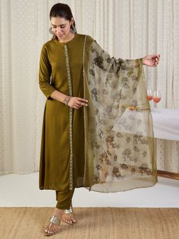 Indo Era - Women Olive Embroidered Kurta with Pant and Printed Dupatta