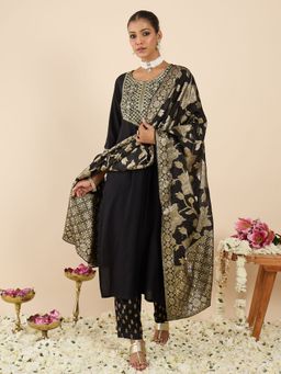Indo Era - Women Black Embroidered Kurta with Pant and Woven Dupatta