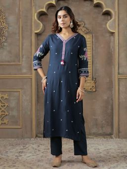 Indo Era - Women Navy Blue Embroidered Straight Kurta with Pant