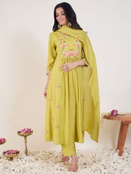 Indo Era - Women Green Floral Embroidered A-Line Kurta with Pant and Dupatta