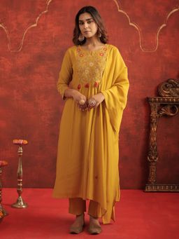 Indo Era - Women Mustard Embroidered A-Line Kurta with Pant and Dupatta