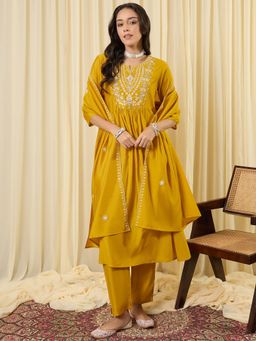 Indo Era - Women Yellow Embroidered A-Line Kurta with Pant and Dupatta