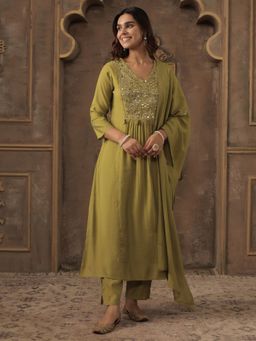Indo Era - Women Light Green Embroidered A-Line Kurta with Pant and Dupatta