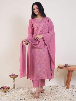 Indo Era - Women Pink Embroidered A-Line Kurta with Pant and Dupatta