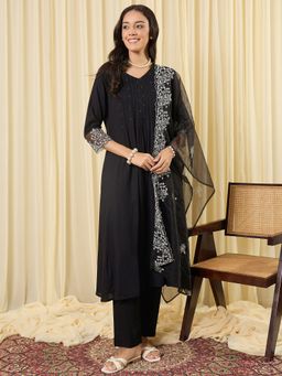 Indo Era - Women Black Floral Embroidered A-Line Kurta with Pant and Dupatta