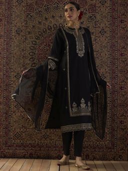Indo Era - Women Black Embroidered Straight Kurta with Pant and Dupatta