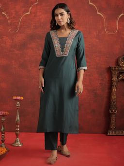 Indo Era - Women Teal Embroidered Straight Kurta with Pant