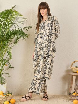 Indo Era - Women Cream Printed Straight Co-Ord Set