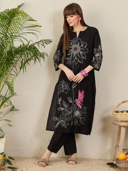 Indo Era - Women Black Floral Embroidered Straight Kurta with Pant