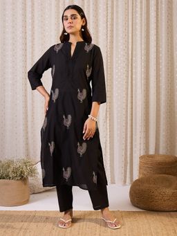 Indo Era - Women Black Embroidered Straight Kurta with Pant