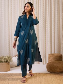 Indo Era - Women Teal Embroidered Straight Kurta with Pant