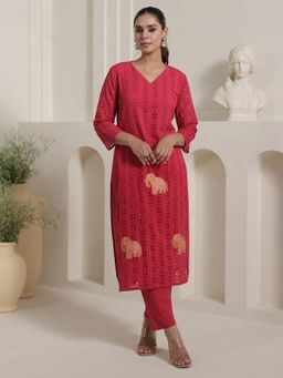 Indo Era - Women Pink Self Design Embroidered Straight Kurta with Pant