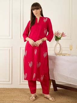 Indo Era - Women Pink Embroidered A-Line Kurta with Pant