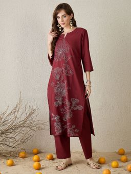 Indo Era - Women Maroon Floral Embroidered Straight Kurta with Pant