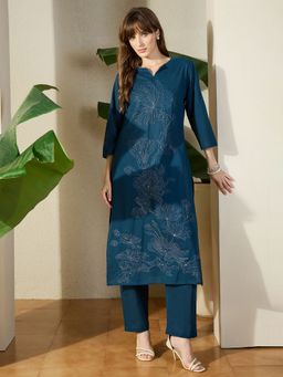 Indo Era - Women Teal Floral Embroidered Straight Kurta with Pant