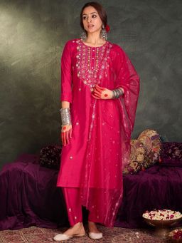 Indo Era - Women Pink Embroidered Straight Kurta with Pant and Dupatta