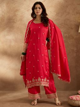 Indo Era - Women Red Embroidered Kurta with Palazzo and Dupatta
