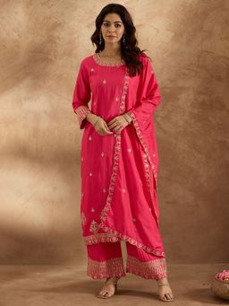 Indo Era - Women Pink Embroidered Kurta with Palazzo and Dupatta