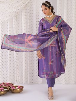 Indo Era - Women Lavender Printed Embroidered Kurta with Pant and Dupatta