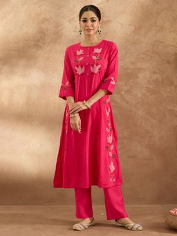 Indo Era - Women Fushia Pink Floral Embroidered Kurta with Pant