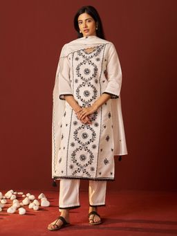 Indo Era - Women White Floral Embroidered Kurta with Pant and Dupatta