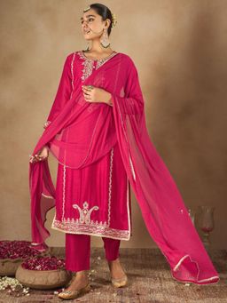 Indo Era - Women Magenta Zari Embroidered Kurta with Pant and Dupatta