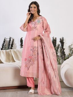 Indo Era - Women Pink Floral Printed Beads Work Kurta with Pant and Dupatta