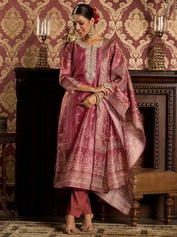 Indo Era - Women Pink Printed Embroidered Kurta with Pant and Dupatta