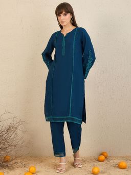 Indo Era - Women Teal Floral Embroidered Straight Kurta with Pant