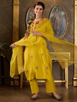 Indo Era - Women Mustard Floral Embroidered Kurta with Pant and Dupatta