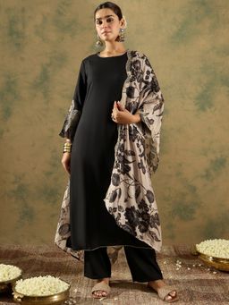 Indo Era - Women Black Solid Embroidered Kurta with Pant and Dupatta