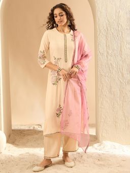 Indo Era - Women Off White Floral Embroidered Kurta with Palazzo and Dupatta