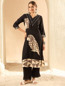 Indo Era - Women Black Printed Straight Kurta with Palazzo
