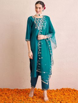 Indo Era - Women Teal Embroidered Straight Kurta with Pant and Dupatta