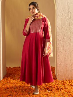 Indo Era - Women Red Sequined Flared Kurta with Pant and Dupatta