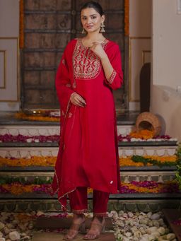 Indo Era - Women Red Embroidered Straight Kurta with Pant and Dupatta