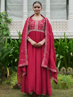 Indo Era - Women Red Embroidered Anarkali Kurta with Pant and Dupatta